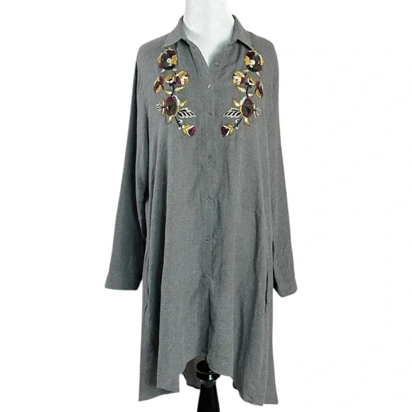 Zara Embroidered Swing Tunic Shirt Dress Size Large Grey Flannel Fall Shacket - Picture 6 of 15
